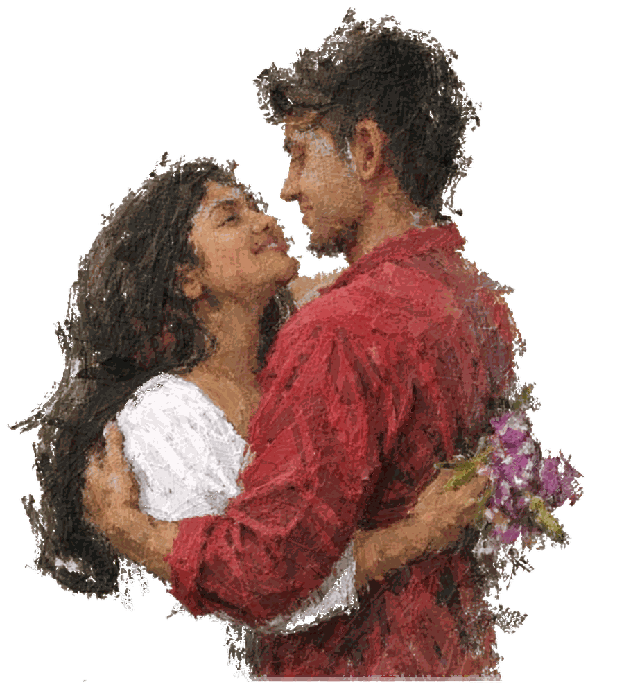 A painterly illustration of a couple embracing, one holding a small bouquet